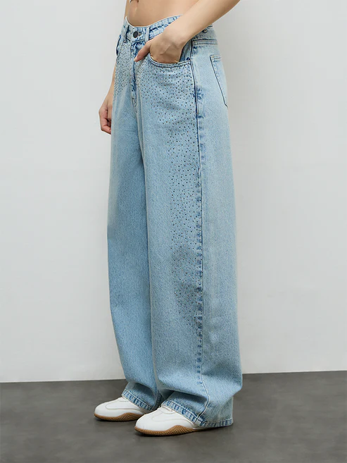 Nuon Light Blue Embellished High-Rise Jeans